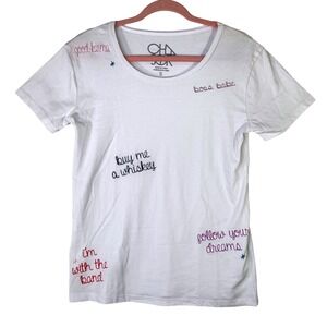 Chaser Womens White Embroidered Graphic T-Shirt Boss Babe Good Karma Size S